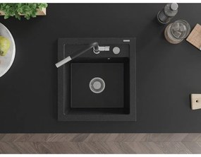 Mexen Vito, 1 kamrás gránit mosogató 490x520x210 mm és Flora mosogató csaptelep, fekete-ezüst metál, 6503-73-670401-07