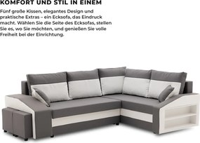 Grande sarokkanapé polcokkal és puffokkal , polc a jobb karfaban puffok a bal karfaban, jobboldali, szövet anyag, hab töltet, szürke - fehér