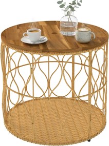 Outsunny kerek kisasztal Ø50 cm — időjárásálló rattan hatás, akácfa asztallap, állítható lábak, 80 kg teherbírás — Teak | Aosom