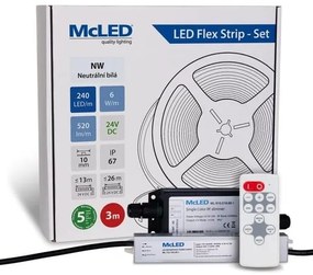 McLED  LED szalag - készlet 3 m + Vevő Nano IP67, 240 LED/m, NW, 6 W/m, DC 24V, 520 lm/m, CRI90, IP67, 10 mm, Vezető 3 m ML-126.033.90.S03002