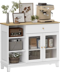 HOMCOM Barázdált Üveg 2-Ajtós Tálaló Modern Nappali Tálaló Fiókkal, Nyitott Rekeszekkel és Állítható Polcokkal Étkezőbe Fehér 100x35x80,3 cm | Aosom