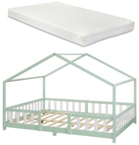 Házikó gyerekágy Treviolo leesésgátlóval és matraccal 140x200 cm mentazöld [en.casa]
