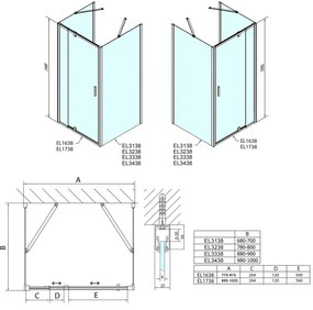Polysan, EASY LINE zuhanykabin három falú 800-900x800mm, forgóajtós bal / jobb változat, Tégla üveg, EL1638EL3238EL3238