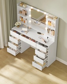 KAILYN LED Fésülködő asztal, tükörrel ellátott sminkasztal, 9 fiókkal, felhőfehér színben