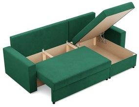 Zeus sarokkanapé, 2 ágyneműtartóval, egyenes kartámasz, bársony, univerzális oldal, bonell töltet, zöld