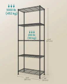SONGMICS 5 szintes fém tárolópolc, 30 x 60 x 161 cm, mélyfekete