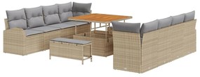 11 Darabos Kerti Sofa Szett Párnákkal Bézs Poli Rattan Akác, 2-személyes Kerti Sofa Tárolóval és Párnákkal Bézs Poli Rattan, 3 Darabos Kerti Étkező Szett Párnákkal Bézs Poli Rattan Akác