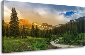 Vászonkép Ösvény a hegyek között Erdő Fák Nap 80x40 cm