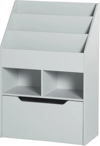 HOMCOM Gyermek Fa Polc 3 Rekesszel, 2 Kockával és Mobil Fiókkal 4 Kereken, Gyerek Könyvespolc Gyerekszobába és Játszószobába, 60x29,9x90 cm Szürke | A