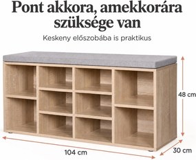 SONGMICS cipőpad 10 rekesszel, párnázott ülőfelülettel, 104 x 30 x 48 cm, max. 150 kg, tölgy