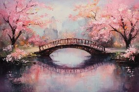 Vászonkép Canvas Japán Tavasz Park Folyó Híd Cseresznye Fák 120x80