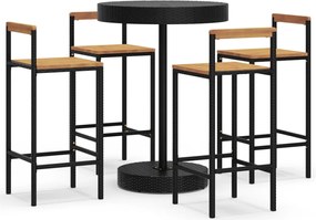 vidaXL 5 részes fekete polirattan és tömör akácfa kerti bárszett