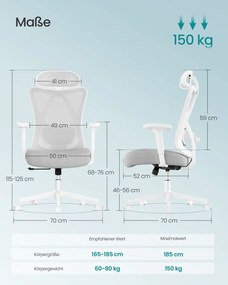 SONGMICS ergonomikus irodai szék, magasságállítható, fehér-szürke