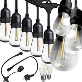 20 LED-es hosszabbítható lámpafüzér, kertvilágítás, E27 foglalttal, időjárásálló IP44, 20 m - meleg fehér
