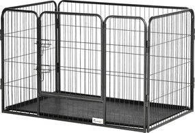 PawHut Téglalap alakú Kiskedvenc Játékkerítés 4 Paneleből Készült Acél 109x74x71 cm-es Dupla Zárral Ellátott Ajtóval és Kivehető Tálcával Kültéri és B