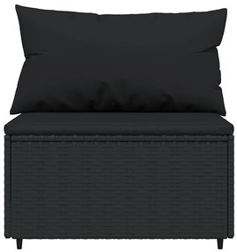 Fekete polyrattan kerti középső kanapé párnákkal