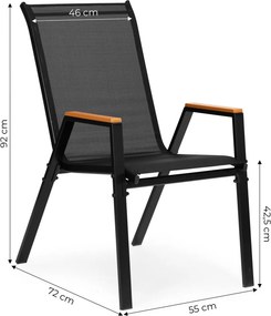 Kerti szék, MultiGarden SC-092W-4-1, fekete, 72 x 55 x 92 cm, acél keret, textil, egymásba rakható, karfás, csúszásgátló lábak, 120 kg teherbírás, 4 db-os szett