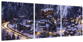 Kép - téli hegyi város (órával) (90x30 cm)