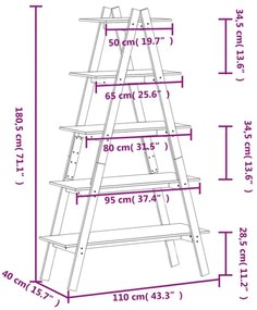 5 szintes A-alakú tömör fenyőfa polc 110 x 40 x 180,5 cm