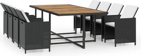 vidaXL 13-részes fekete polyrattan kültéri étkezőszett párnákkal