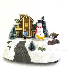 Karácsonyi falusi házikó életkép diorama világító forgó asztali dísz 2 féle / Hóember