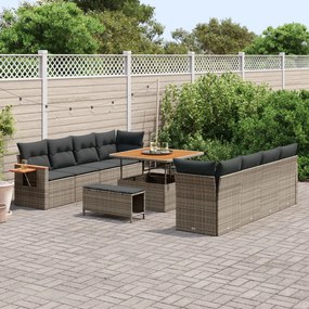 11 darabos kerti bútor szett párnákkal szürke poli rattan akáccal, 3 darabos kerti étkező szett párnákkal szürke poli rattan akáccal