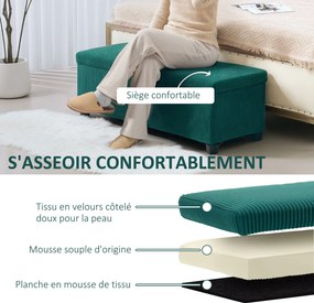 HOMCOM 84L Puff, Bársonyos Bordás Textil, Ágytalpához Illő Tároló Láda, Lábpárna Fedéllel, Nappaliba, Hálószobába, Előszobába, 112 x 42 x 40 cm, Zöld