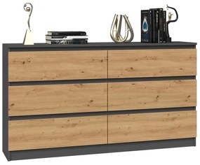 Riano MIX M6 140 2x3 fiókos szekrény, 138x75x40 cm, antracit-tölgy