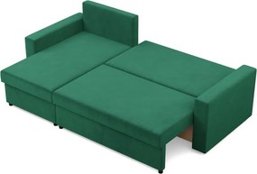 Zeus sarokkanapé, 2 ágyneműtartóval, egyenes kartámasz, bársony, univerzális oldal, bonell töltet, zöld