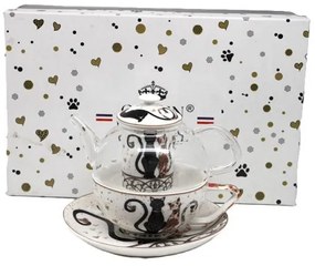 Fekete-arany cicás porcelán teáskészlet - 1 személyes szűrővel