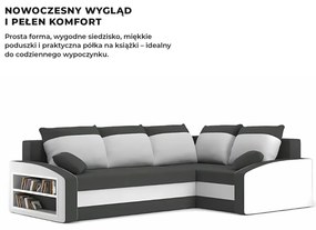 Grande sarokkanapé polcokkal , polc a bal karfaban, jobboldali, szövet anyag, bonell töltet, szürke - fehér