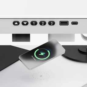 Állítható magasságú íróasztal, 120 x 60 cm, fejhallgatótartóval, üveglappal fehér