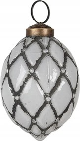 Szürke pöttyös üveg karácsonyi gömb szürke rombuszokkal 6x8 cm