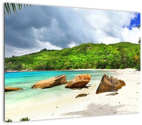Kép - Seychelle-szigetek, Takamaka tengerpart (üvegen) (70x50 cm)