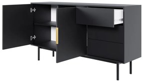 Comodă VIVA VI02 cu 2 uși și 3 sertare, 154 cm – negru / negru lucios / mânere aurii