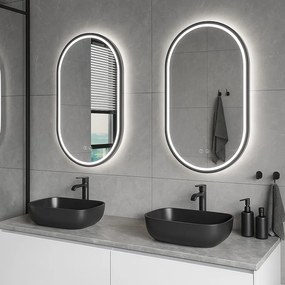 Erga Gwen, ovális LED tükör 50x90cm fekete fém keretben, 3 világos szín, elülső világítás, páramentes fűtőpárna, ERG-V01-GWEN-5090-BK