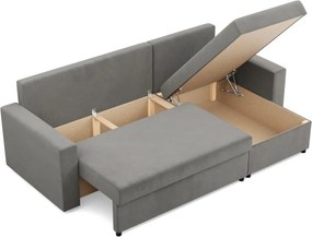 Zeus sarokkanapé, 2 ágyneműtartóval, egyenes kartámasz, bársony, univerzális oldal, bonell töltet, világosszürke