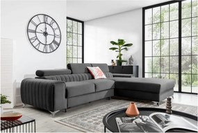 Sötétszürke bársony kinyitható-tárolóhelyes sarokkanapé (jobb oldali-heverő résszel) Grayson – ELTAP