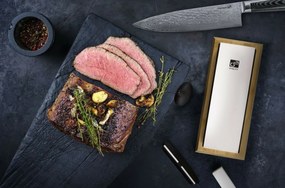 G21 Damascus Premium késkészlet bambusz blokkban, 4 db + élezőkő