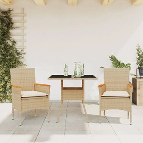 3 részes bézs polyrattan/üveg kerti étkezőgarnitúra párnákkal