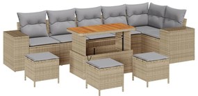 9 részes kerti kanapé szett párnákkal bézs poli rattan akáciával, 3 részes kerti étkező szett párnákkal bézs poli rattan akáciával