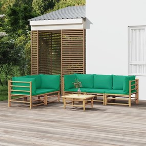 6 részes bambusz kerti ülőgarnitúra zöld párnákkal