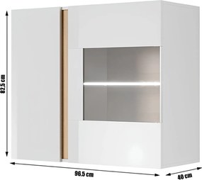 Fali vitrines szekrény 96, fehér/tölgy grandson/magasfényű fehér, CITY