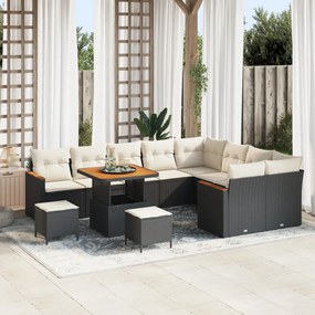 12 darabos kerti kanapé szett párnákkal Fekete Poli rattan Acacia, 3 darabos kerti étkező szett párnákkal Fekete Poli rattan Acacia