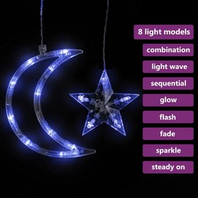 csillag és hold fényfüzér 345 kék LED-del és távirányítóval