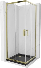Mexen Rio, szögletes zuhany tolóajtóval 90 (ajtó) x 90 (ajtó) x 190 cm, 5mm átlátszó üveg, arany profil + fekete SLIM zuhanytálca, 860-090-090-50-00-…