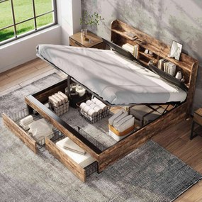 Franciaágy 160 x 200 cm, hidraulikus Fém Fa Fekete ipar