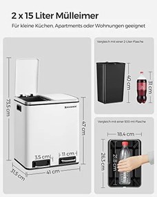 Konyhai szemetes, 2 x 15 literes acél szemetes, lépcsős szemetes belső vödrökkel és fogantyúkkal, puha záródással, szagszigeteléssel, fehér