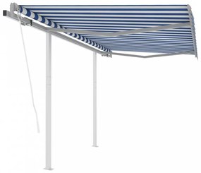 Kék és fehér automata napellenző póznákkal 3 x 2,5 m
