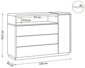 Mazzoni FOLK K-135 komód Fehér Fényes/Matt + Millenium Beton - MODERN NAPPALIBA/SZOBÁBA